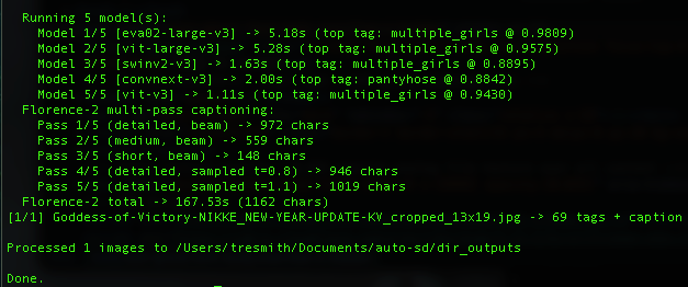Tagger running 5 models + Florence-2 captioning on the cropped reference — 69 tags extracted