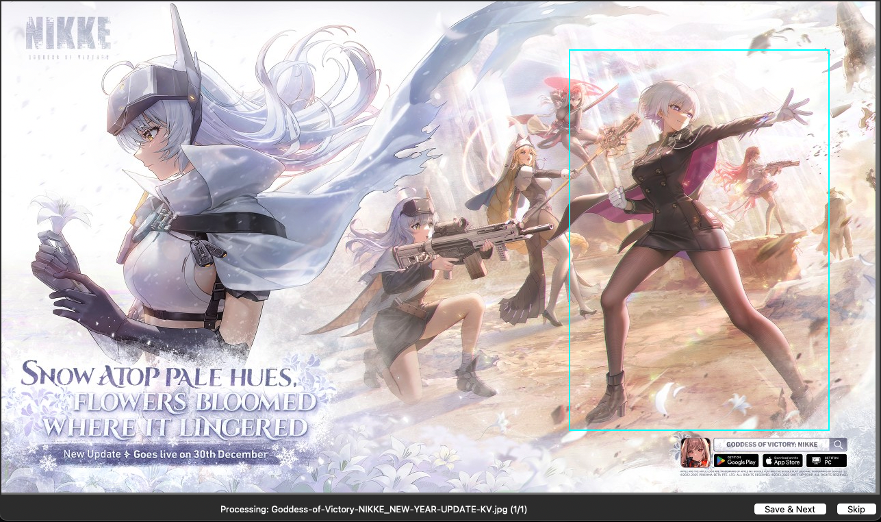 Cropping a character out of a reference image — the cyan box is what gets fed into the pipeline